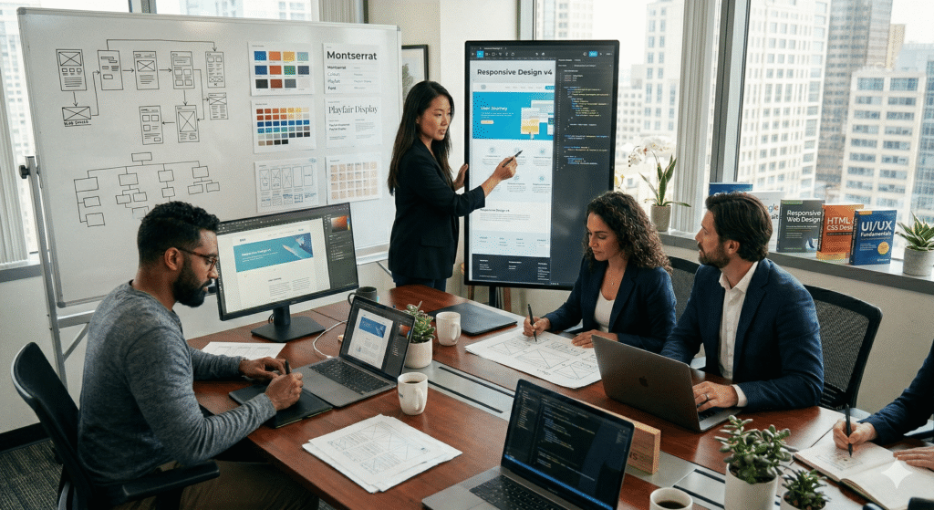 Diverse team collaborating on responsive web design and UI/UX development using Figma.